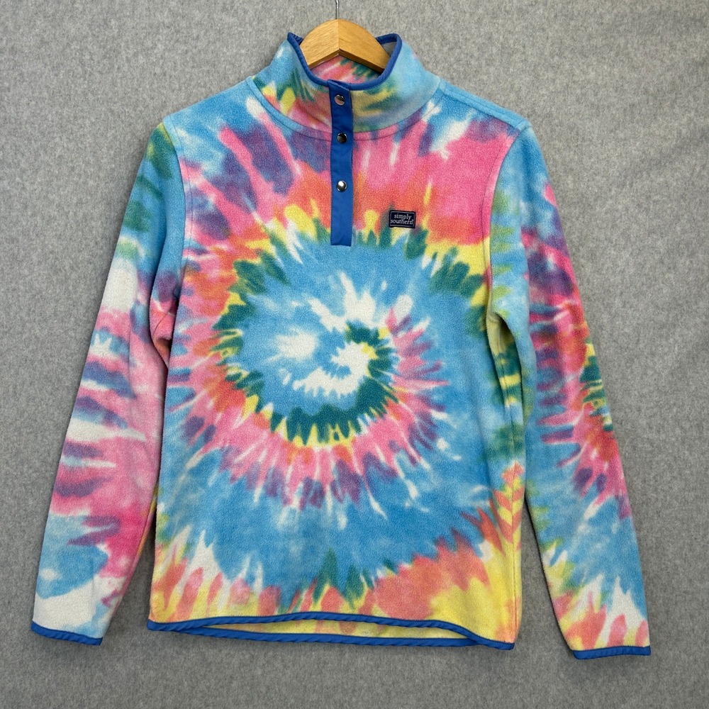 Simply Southern Rainbow Fleece Pullover Tie Dye Snap Neck Preppy Womens Small